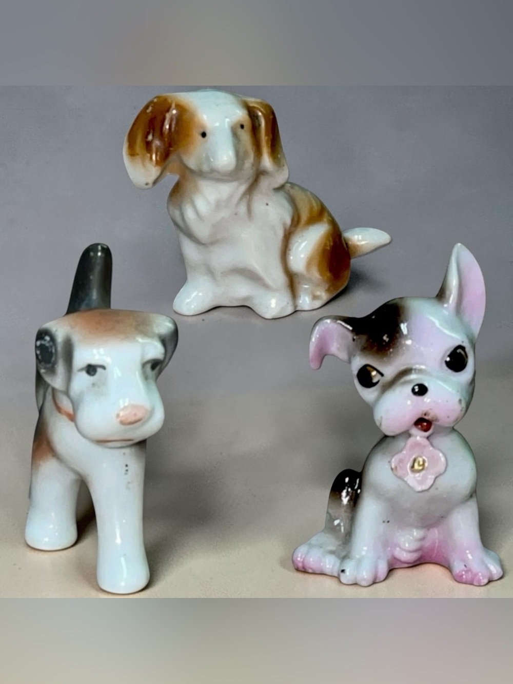 VTG Dogs Porcelain Figurine Lot Of 3 Made In Japan White Brown Pink  Black 1.5”